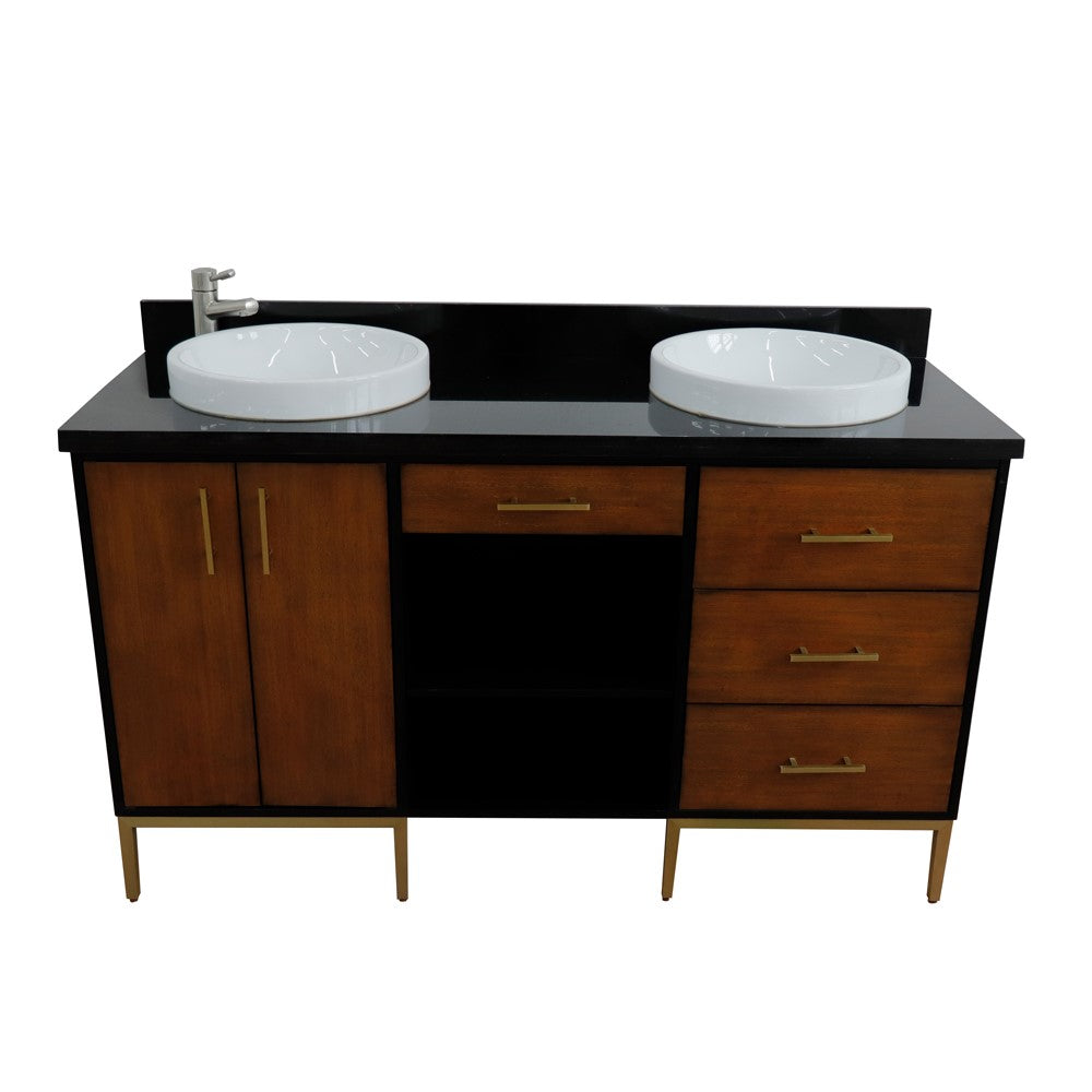 Bellaterra Home 61" Double sink vanity in Walnut and Black finish and Black galaxy granite and round sink - Luxe Bathroom Vanities