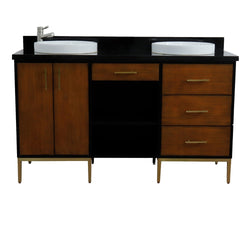 Bellaterra Home 61" Double sink vanity in Walnut and Black finish and Black galaxy granite and round sink - Luxe Bathroom Vanities