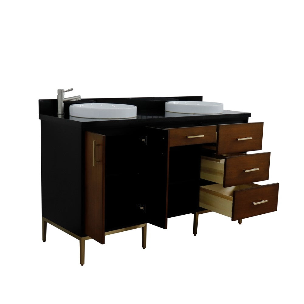 Bellaterra Home 61" Double sink vanity in Walnut and Black finish and Black galaxy granite and round sink - Luxe Bathroom Vanities