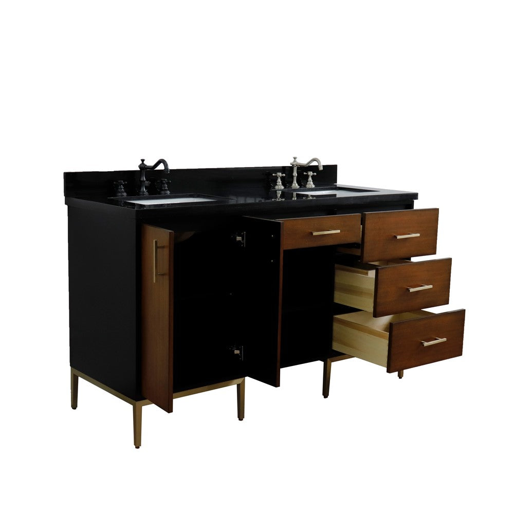 Bellaterra Home 61" Double sink vanity in Walnut and Black finish and Black galaxy granite and rectangle sink - Luxe Bathroom Vanities