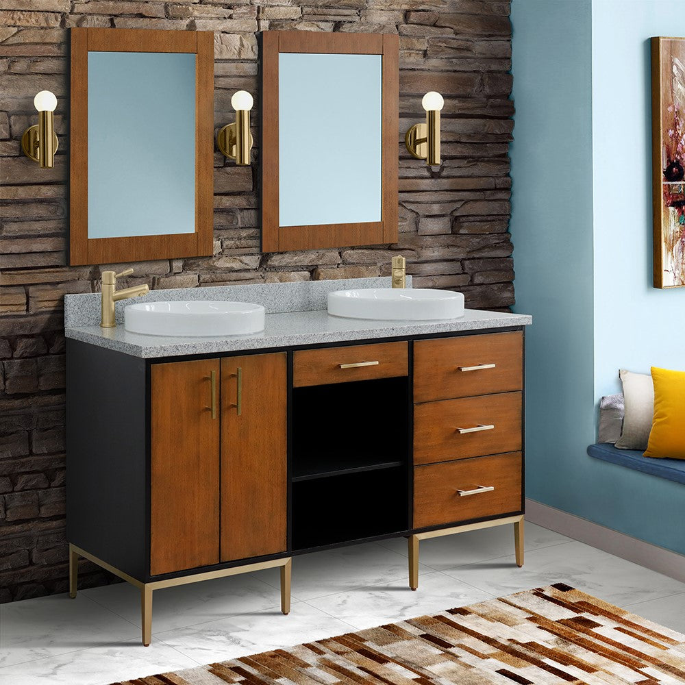 Bellaterra Home 61" Double sink vanity in Walnut and Black finish and Black galaxy granite and round sink - Luxe Bathroom Vanities