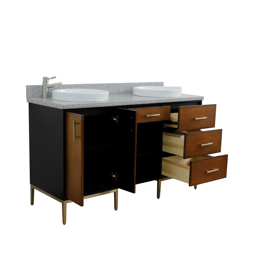 Bellaterra Home 61" Double sink vanity in Walnut and Black finish and Black galaxy granite and round sink - Luxe Bathroom Vanities