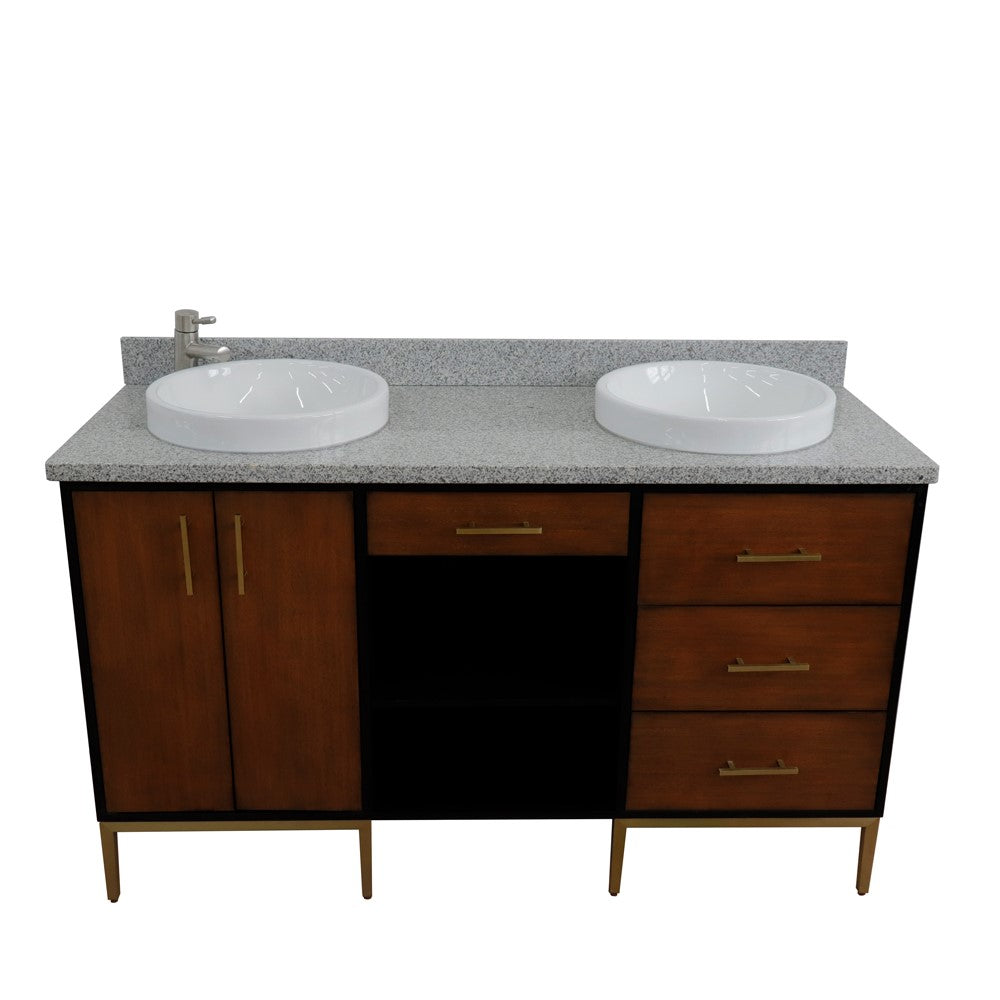 Bellaterra Home 61" Double sink vanity in Walnut and Black finish and Black galaxy granite and round sink - Luxe Bathroom Vanities