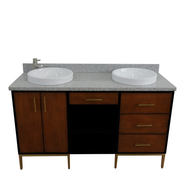 Bellaterra Home 61" Double sink vanity in Walnut and Black finish and Black galaxy granite and round sink - Luxe Bathroom Vanities