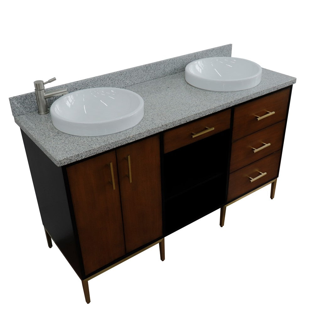 Bellaterra Home 61" Double sink vanity in Walnut and Black finish and Black galaxy granite and round sink - Luxe Bathroom Vanities