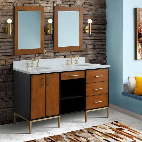 Bellaterra Home 61" Double sink vanity in Walnut and Black finish and Black galaxy granite and oval sink - Luxe Bathroom Vanities