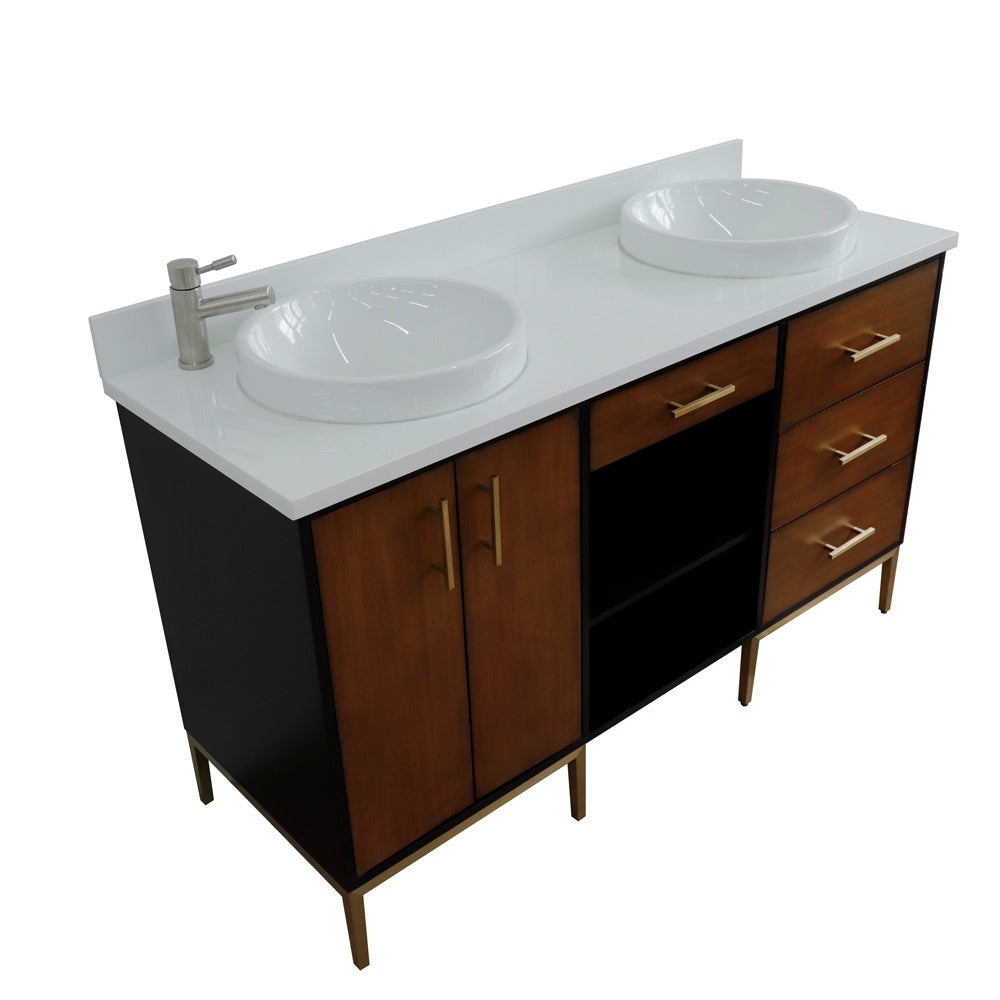 Bellaterra Home 61" Double sink vanity in Walnut and Black finish and Black galaxy granite and round sink - Luxe Bathroom Vanities