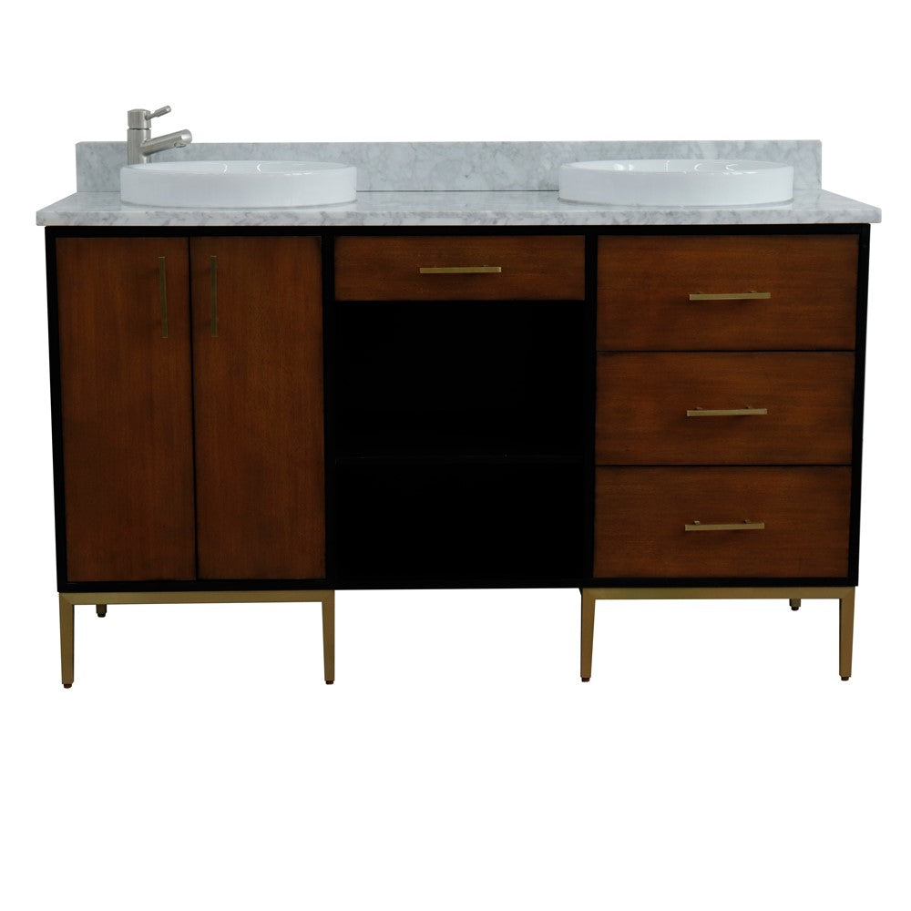 Bellaterra Home 61" Double sink vanity in Walnut and Black finish and Black galaxy granite and round sink - Luxe Bathroom Vanities