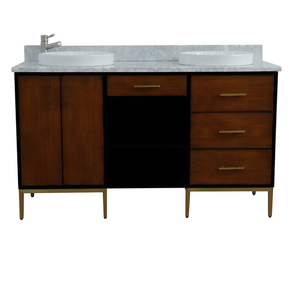 Bellaterra Home 61" Double sink vanity in Walnut and Black finish and Black galaxy granite and round sink - Luxe Bathroom Vanities