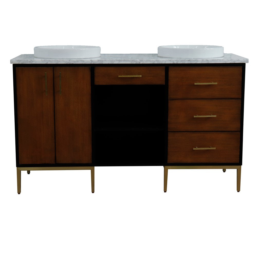 Bellaterra Home 61" Double sink vanity in Walnut and Black finish and Black galaxy granite and round sink - Luxe Bathroom Vanities