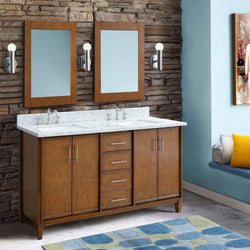 Bellaterra Home 55" Double vanity in Walnut finish with white carrara marble and rectangle sink - Luxe Bathroom Vanities