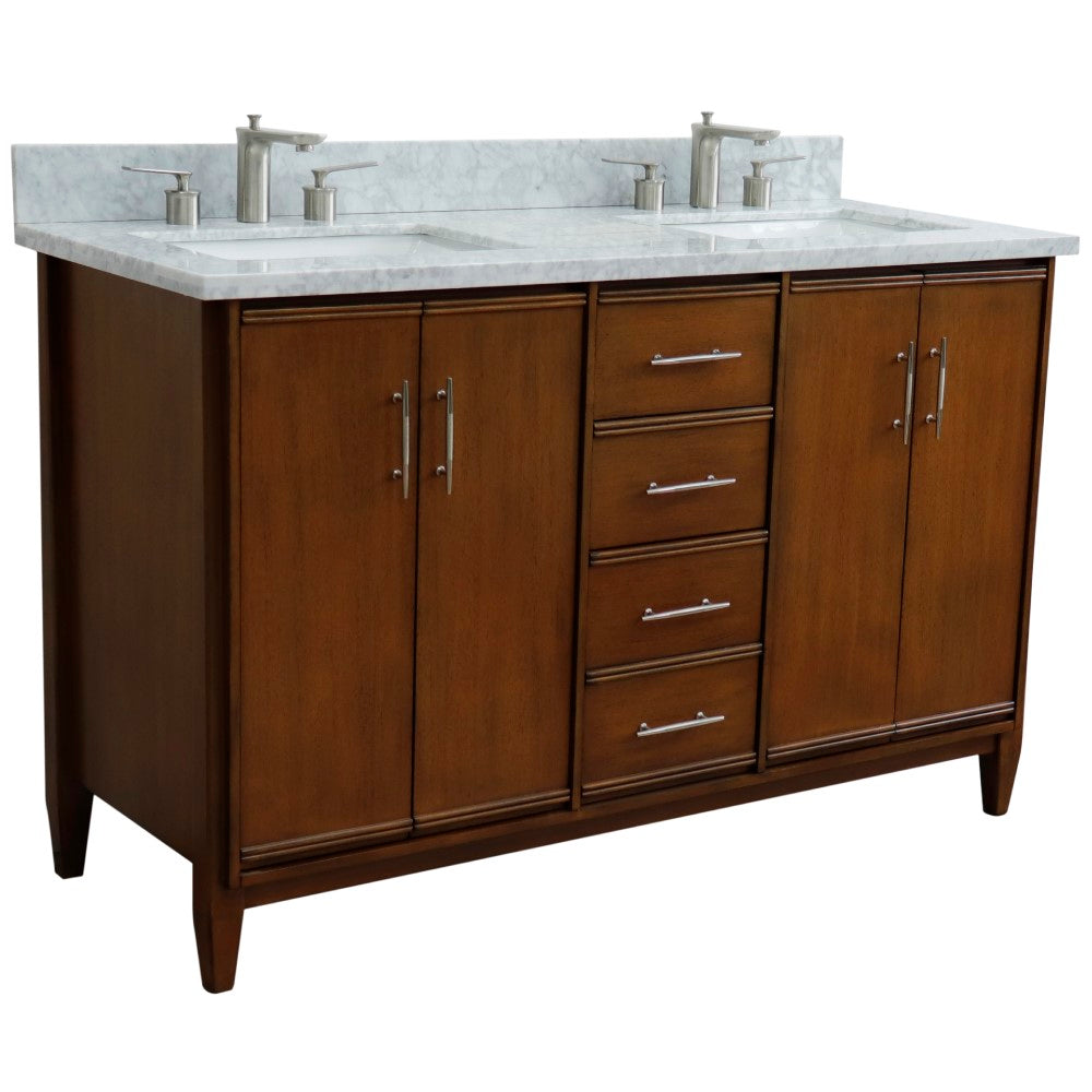 Bellaterra Home 55" Double vanity in Walnut finish with white carrara marble and rectangle sink - Luxe Bathroom Vanities