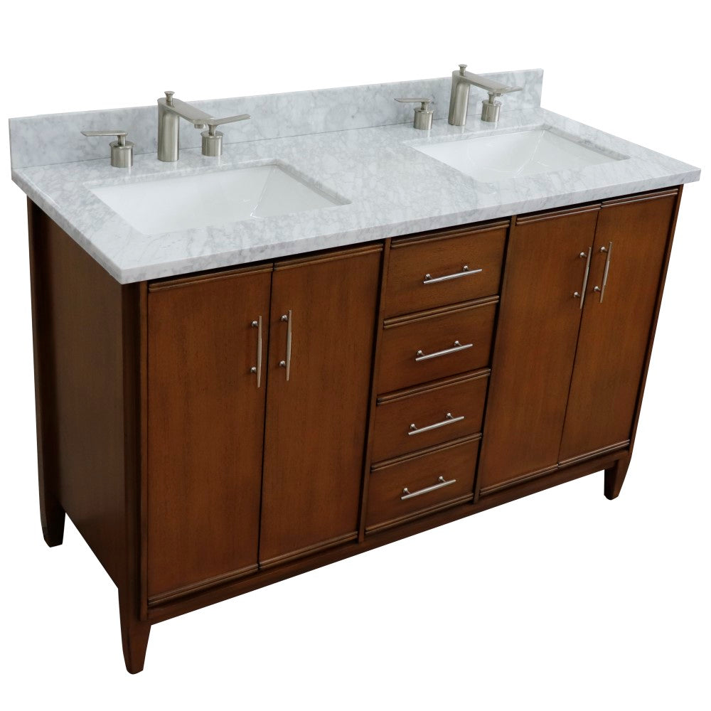 Bellaterra Home 55" Double vanity in Walnut finish with white carrara marble and rectangle sink - Luxe Bathroom Vanities