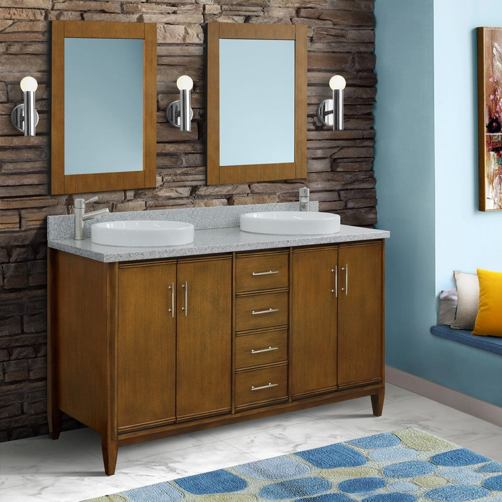 Bellaterra Home 61" Double sink vanity in Walnut finish with Black galaxy granite and round sink - Luxe Bathroom Vanities