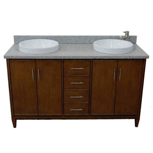 Bellaterra Home 61" Double sink vanity in Walnut finish with Black galaxy granite and round sink - Luxe Bathroom Vanities