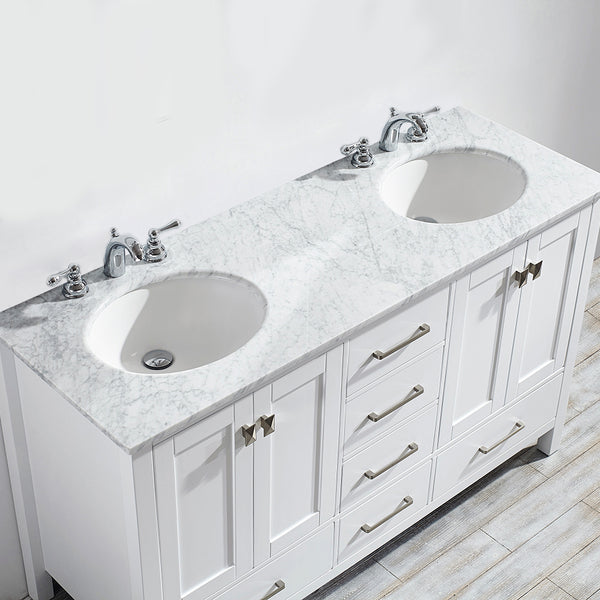 Vinnova Gela 60" Double Vanity in White with Carrara White Marble Countertop - Luxe Bathroom Vanities