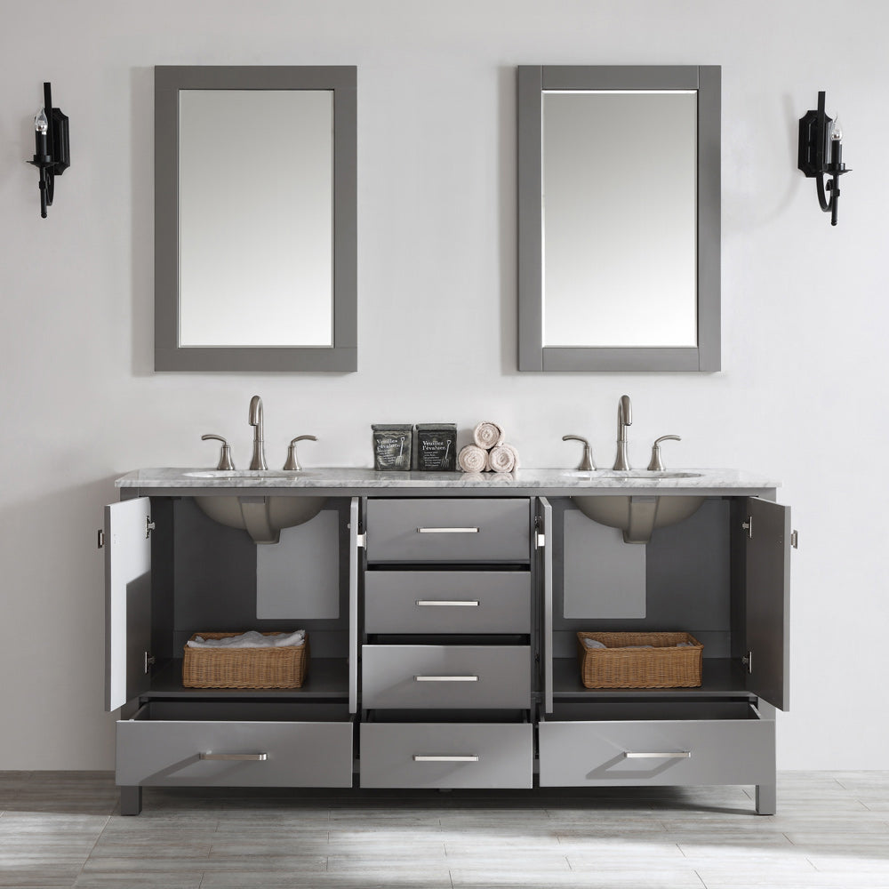 Vinnova Gela 72" Double Vanity in Grey with Carrara White Marble Countertop - Luxe Bathroom Vanities