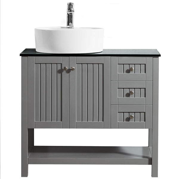 Vinnova Modena 36” Vanity in Grey with Glass Countertop with White Vessel Sink - Luxe Bathroom Vanities