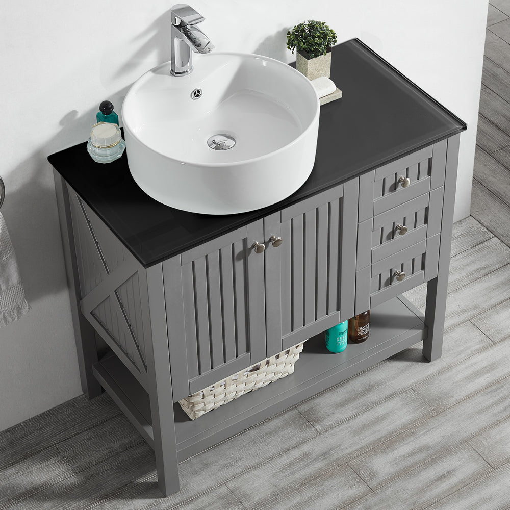 Vinnova Modena 36” Vanity in Grey with Glass Countertop with White Vessel Sink - Luxe Bathroom Vanities