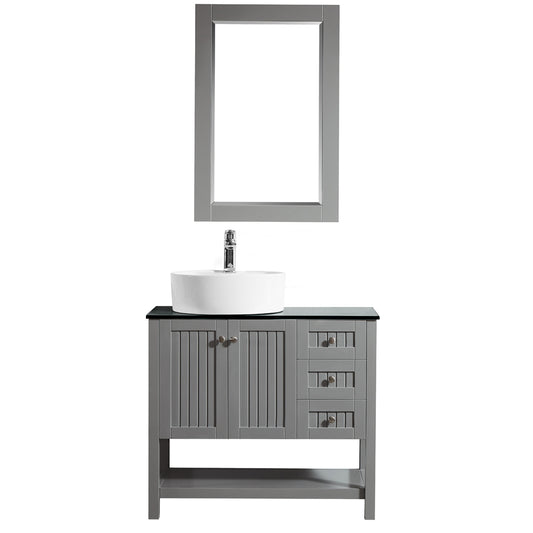 Vinnova Modena 36” Vanity in Grey with Glass Countertop with White Vessel Sink - Luxe Bathroom Vanities
