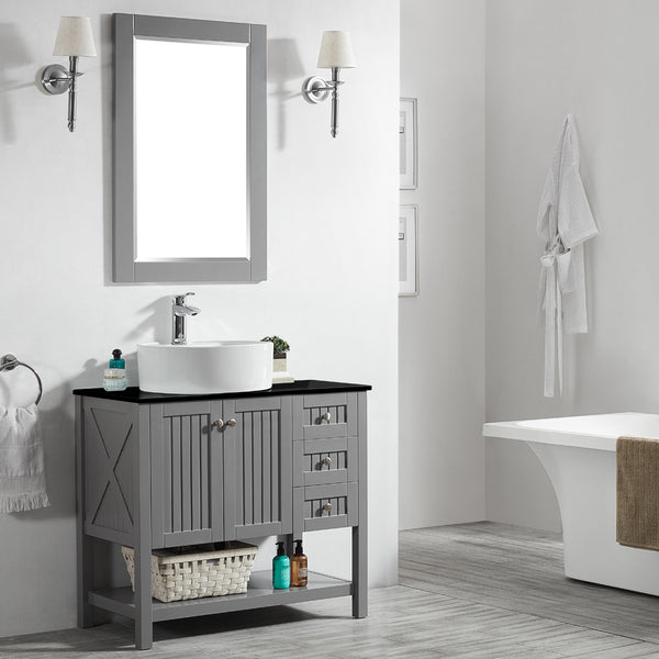 Vinnova Modena 36” Vanity in Grey with Glass Countertop with White Vessel Sink - Luxe Bathroom Vanities