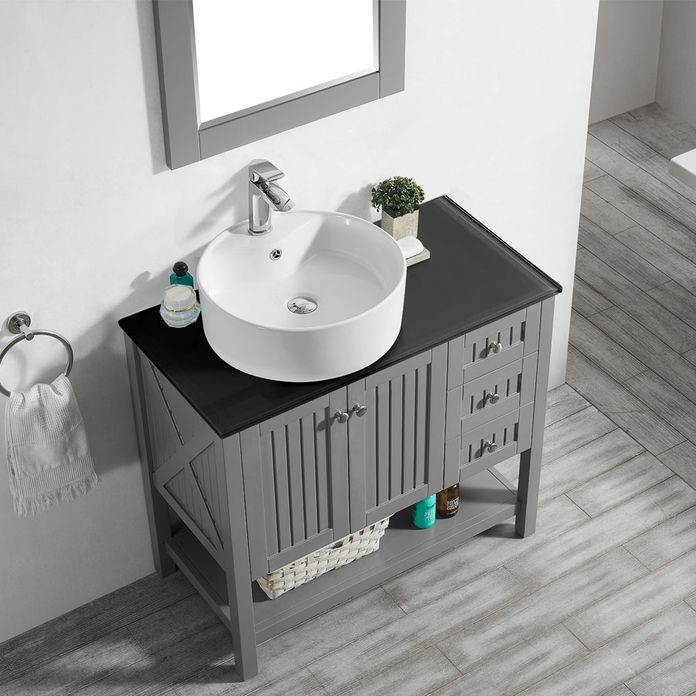 Vinnova Modena 36” Vanity in Grey with Glass Countertop with White Vessel Sink - Luxe Bathroom Vanities