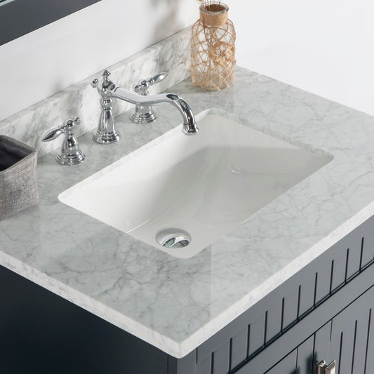 31" White cararra marble top with white ceramic rectangular sink - Luxe Bathroom Vanities