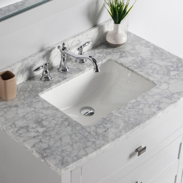 36" White carrara laminated countertop-rectangular sink - Luxe Bathroom Vanities