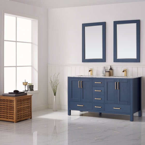 Vinnova Shannon 60" Double Vanity in Royal Blue and Composite Carrara White Stone Countertop - Luxe Bathroom Vanities