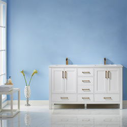 Vinnova Shannon 60" Double Vanity in White and Composite Carrara White Stone Countertop - Luxe Bathroom Vanities