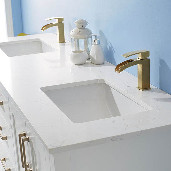 Vinnova Shannon 72" Double Vanity in White and Composite Carrara White Stone Countertop - Luxe Bathroom Vanities