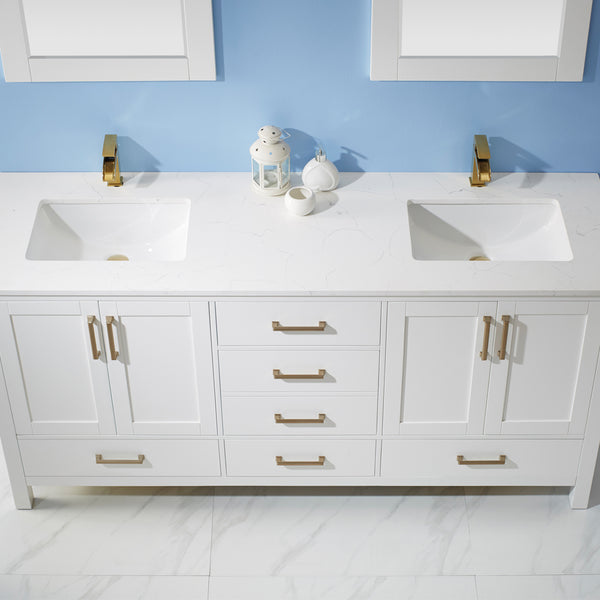 Vinnova Shannon 72" Double Vanity in White and Composite Carrara White Stone Countertop - Luxe Bathroom Vanities