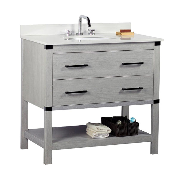 37" Single Vanity In Gray Pine Finish Top With White Quartz And Oval Sink - Luxe Bathroom Vanities