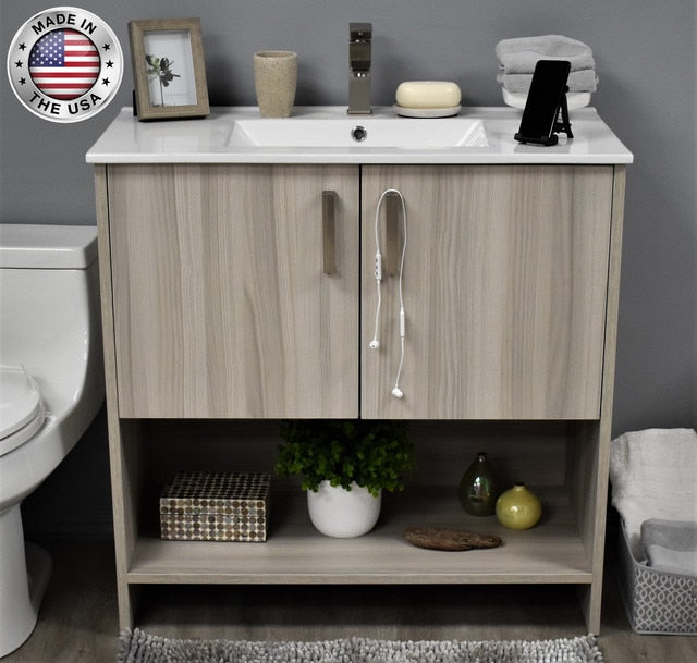 Volpa Pacific 36" Modern Bathroom Vanity with Integrated Ceramic Top and Brushed Nickel Round Handles - Luxe Bathroom Vanities Luxury Bathroom Fixtures Bathroom Furniture