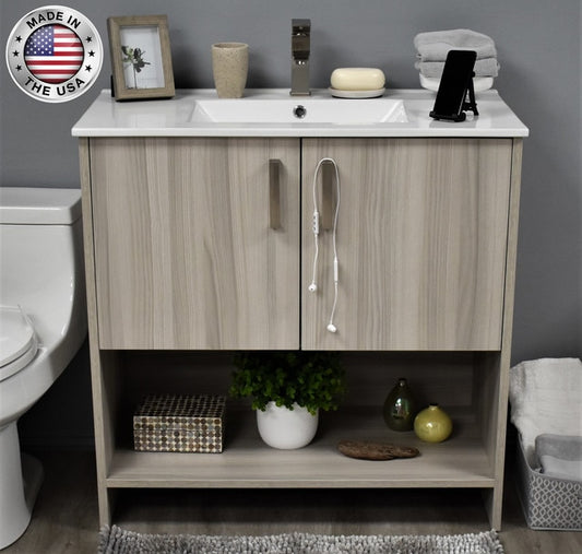 Volpa Pacific 36" Modern Bathroom Vanity with Integrated Ceramic Top and Brushed Nickel Round Handles - Luxe Bathroom Vanities Luxury Bathroom Fixtures Bathroom Furniture