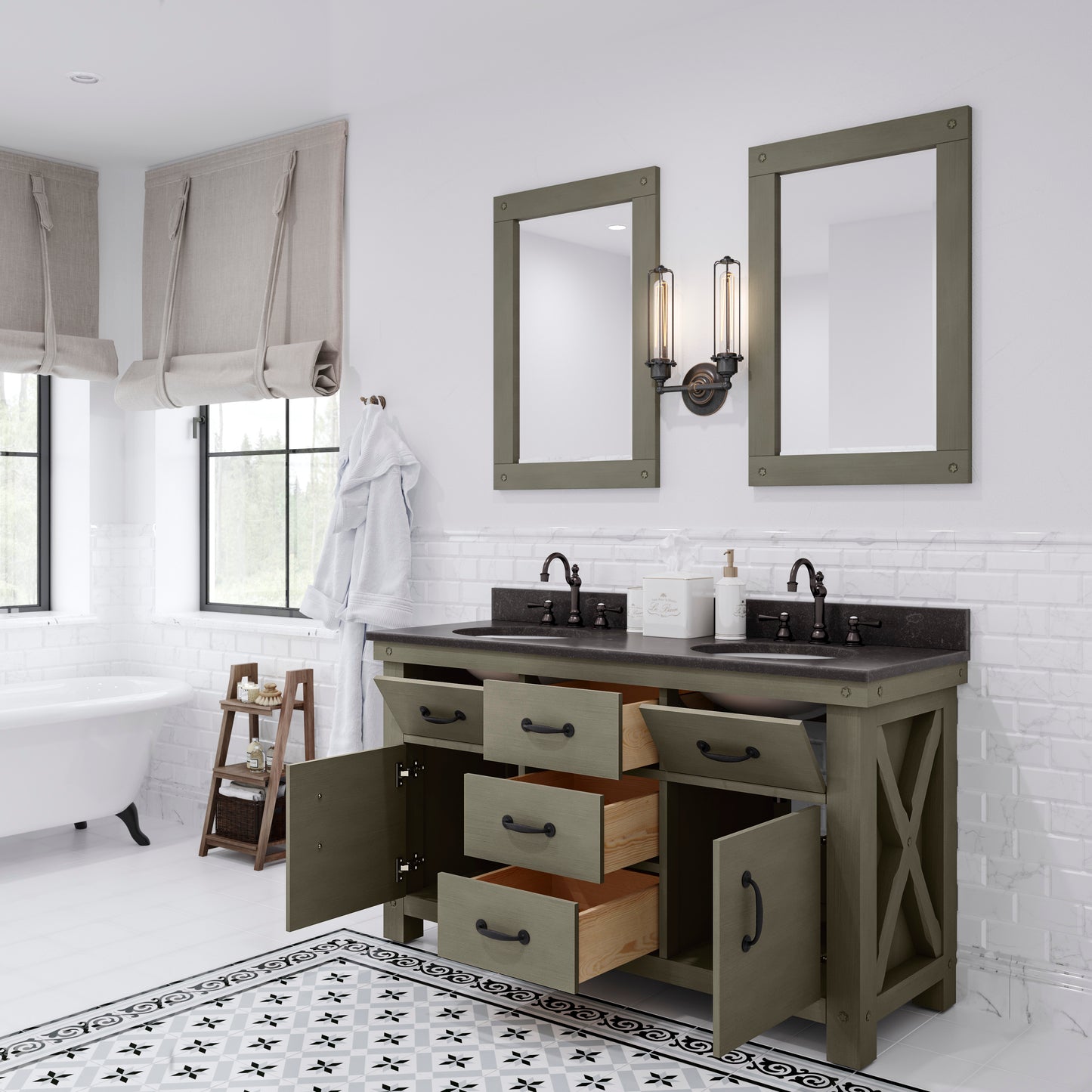 Water Creation Aberdeen 60" Inch Grizzle Grey Double Sink Bathroom Vanity with Faucets With Counter Top - Luxe Bathroom Vanities