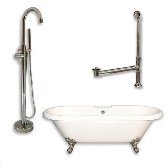Acrylic Double Ended Clawfoot Bathtub 70" X 30" with no Faucet Drillings and Complete Brushed Nickel Plumbing Package - Luxe Bathroom Vanities