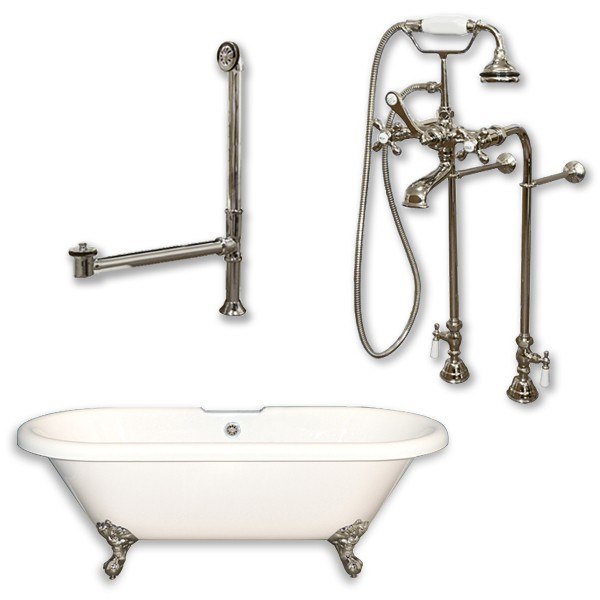 Acrylic Double Ended Clawfoot Bathtub 70" X 30" with no Faucet Drillings and Complete Brushed Nickel Plumbing Package - Luxe Bathroom Vanities