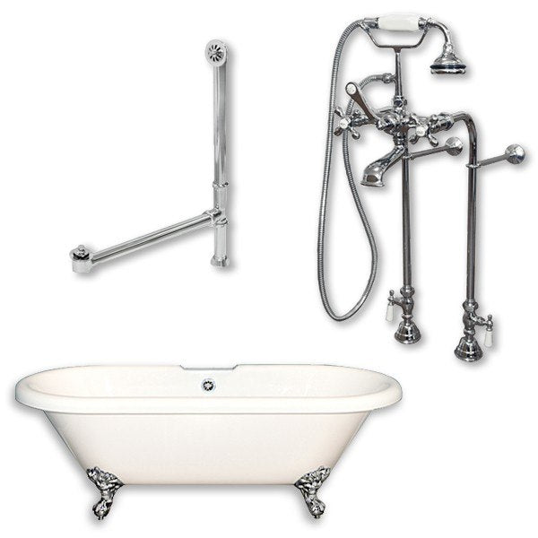 Acrylic Double Ended Clawfoot Bathtub 70" X 30" with no Faucet Drillings and Complete Brushed Nickel Plumbing Package - Luxe Bathroom Vanities