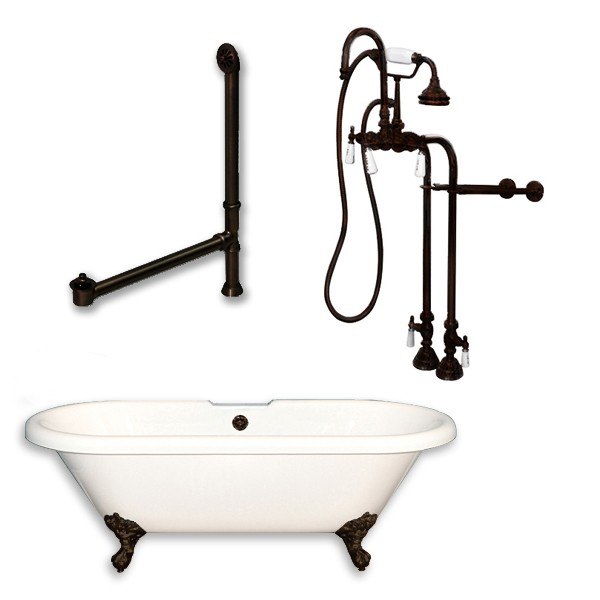 Acrylic Double Ended Clawfoot Bathtub 70" X 30" with no Faucet Drillings and Complete Brushed Nickel Plumbing Package - Luxe Bathroom Vanities