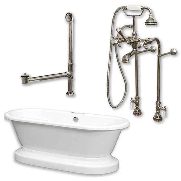 Acrylic Double Ended Pedestal Bathtub 70" X 30" with no Faucet Drillings and Complete Brushed NIckel Plumbing Package - Luxe Bathroom Vanities