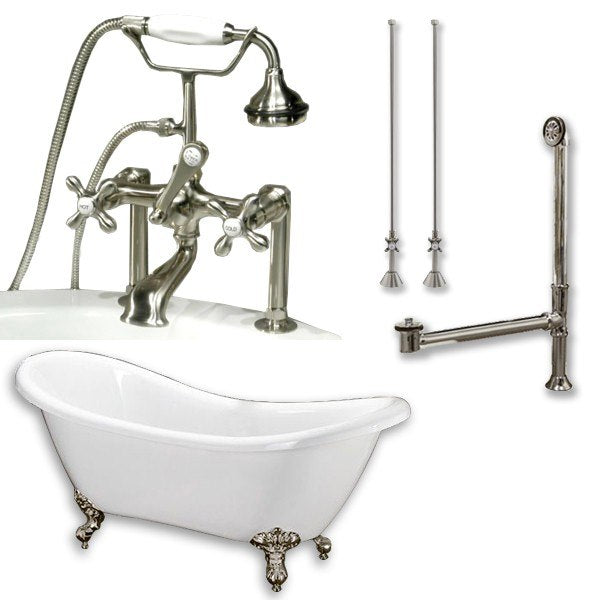Acrylic Double Ended Clawfoot Bathtub 68" X 28" with no Faucet Drillings and Complete Brushed Nickel Plumbing Package - Luxe Bathroom Vanities