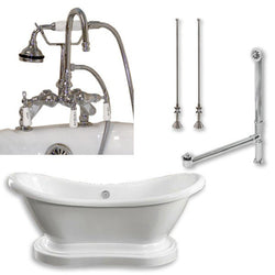 Acrylic Double Ended Pedestal Slipper Bathtub 68" X 28" with 7" Deck Mount Faucet Drillings and Complete Brushed Nickel Plumbing Package - Luxe Bathroom Vanities