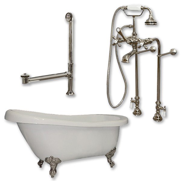 Acrylic Slipper Bathtub 61" X 28" with No Faucet Drillings and Complete Brushed Nickel Plumbing Package - Luxe Bathroom Vanities