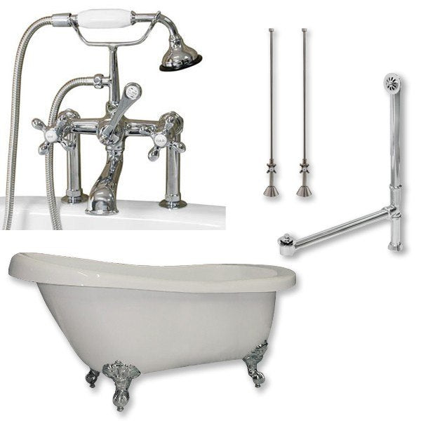 Acrylic Slipper Bathtub 61" X 28" with 7" Deck Mount Faucet Drillings and Complete Brushed Nickel Plumbing Package - Luxe Bathroom Vanities