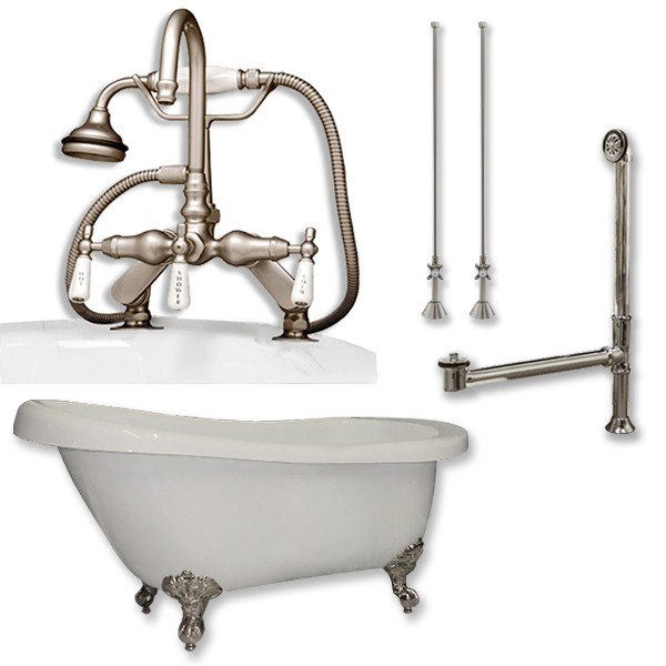 Acrylic Slipper Bathtub 61" X 28" with 7" Deck Mount Faucet Drillings and Complete Brushed Nickel Plumbing Package - Luxe Bathroom Vanities