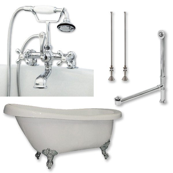 Acrylic Slipper Bathtub 67" X 28" with 7" Deck Mount Faucet Drillings and British Telephone Style Faucet Complete Brushed Nickel Plumbing Package - Luxe Bathroom Vanities