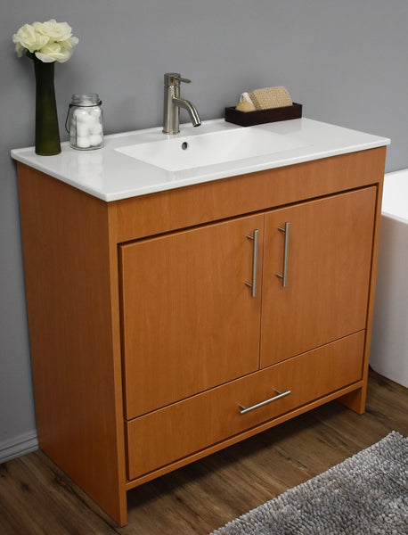 Volpa Pacific 36" Modern Bathroom Vanity with Integrated Ceramic Top and Brushed Nickel Round Handles - Luxe Bathroom Vanities Luxury Bathroom Fixtures Bathroom Furniture