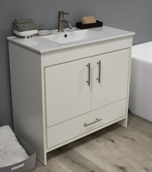 Volpa Pacific 36" Modern Bathroom Vanity with Integrated Ceramic Top and Brushed Nickel Round Handles - Luxe Bathroom Vanities Luxury Bathroom Fixtures Bathroom Furniture