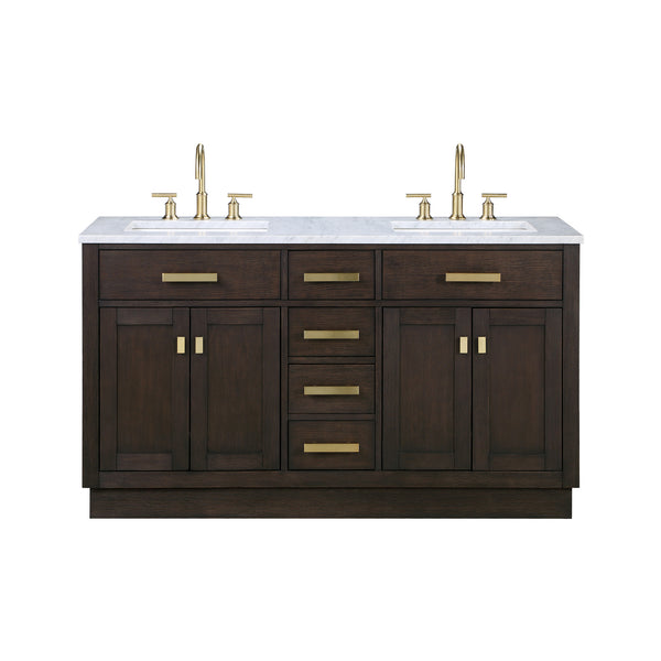 Water Creation Chestnut 60" Double Sink Carrara White Marble Countertop Vanity with Gooseneck Faucets and Mirrors - Luxe Bathroom Vanities